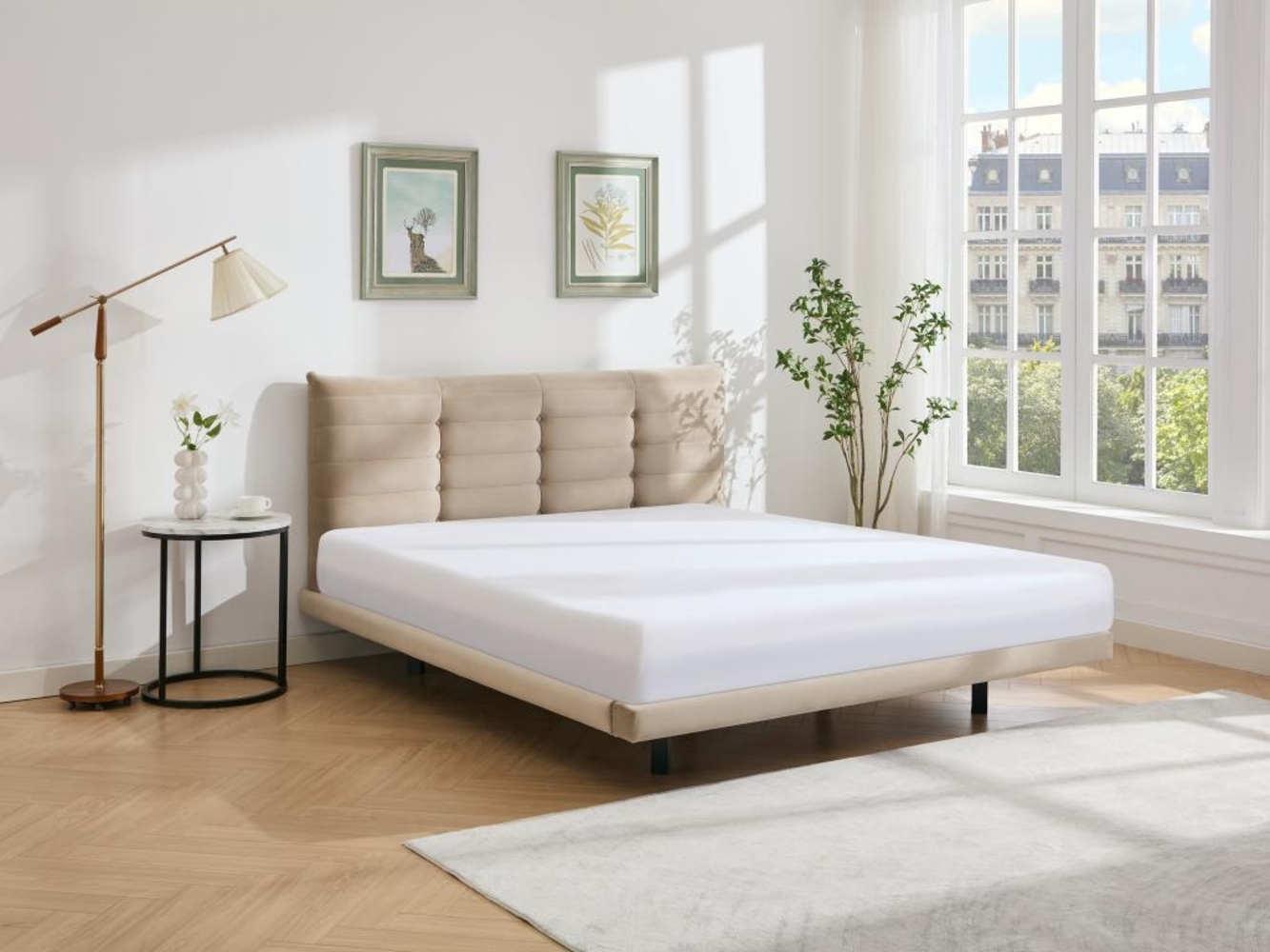 Vente-unique - Bett mit gestepptem Kopfteil - 160 x 200 cm - Samt - Beige - NISATIO Bild 1