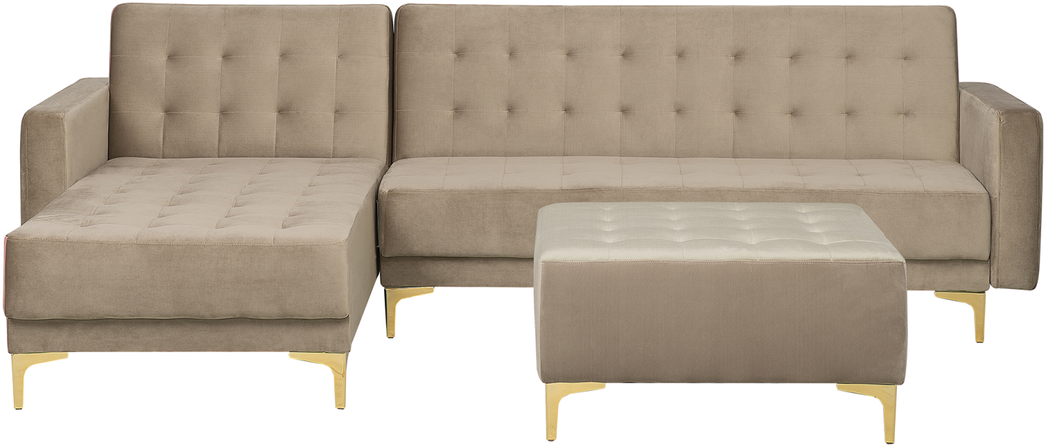 Schlafsofa Samtstoff sandbeige rechtsseitig mit Ottomane ABERDEEN Bild 1