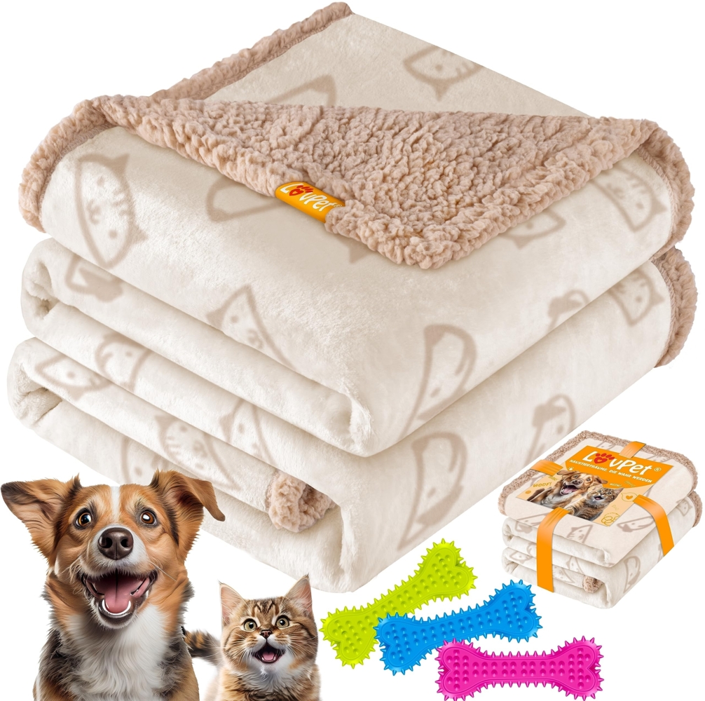 Lovpet® wasserdichte Hundedecke, Fleece Haustier Decke Katzendecke + 3X Kauknochen, für Minihunde, Katzen, 73 x 63 cm, S, maschinenwaschbar, beidseitiger Sofabezug-Schutz Beige Bild 1