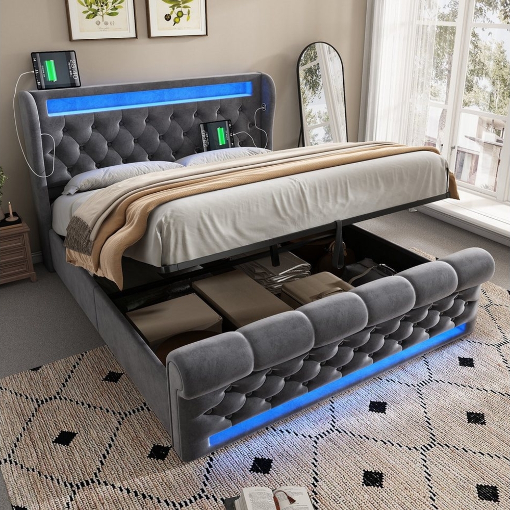 MODFU Polsterbett Hydraulisches Samt-Bett, rautenförmige Knopfknoten (Funktionsbett, 2-tlg, 160x200 cm, mit Matratze (H20cm), mit USB- und Typ-C-Anschlüssen, LED-Leuchten Bild 1
