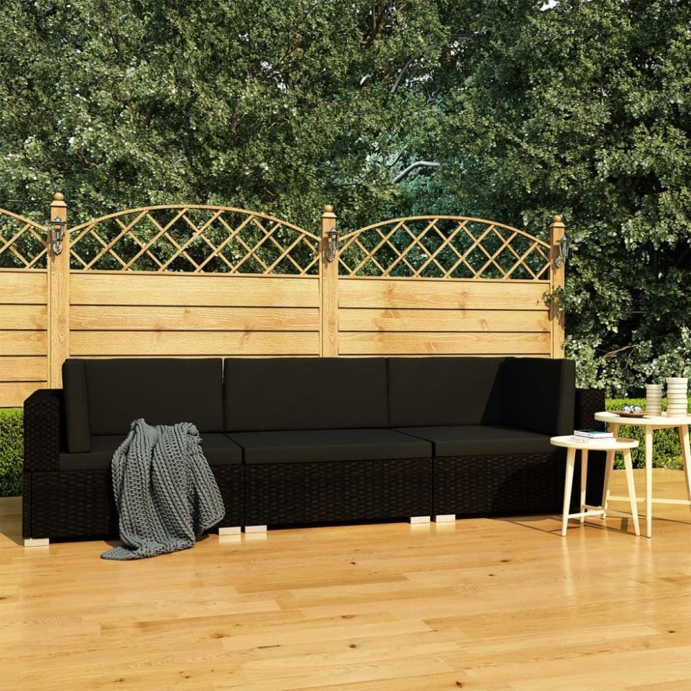 vidaXL 3-tlg. Garten-Sofagarnitur mit Auflagen Poly Rattan Schwarz 47267 Bild 1