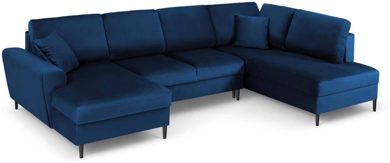 Micadoni 7-Sitzer Samtstoff Panorama Sofa Rechts mit Box und Schlaffunktion Moghan | Bezug Royal Blue | Beinfarbe Black. Bild 1