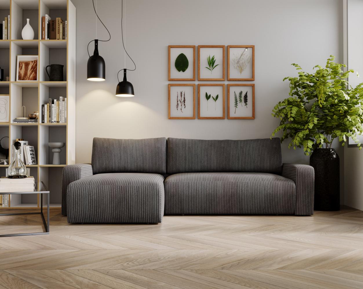 Ecksofa L-form, mit Schlaffunktion und Bettkasten - ARGOS - Dunkelgrau Cord Bild 1