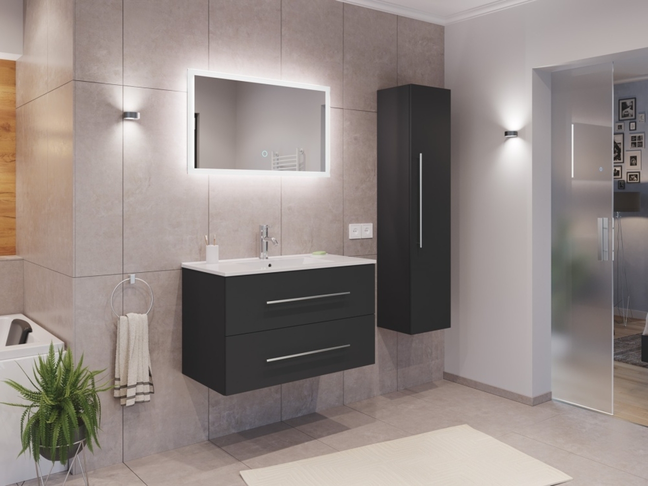 Badmöbel Set Firenze 90 3tlg. LED Spiegel und Hochschrank grafit : Grafit Bild 1