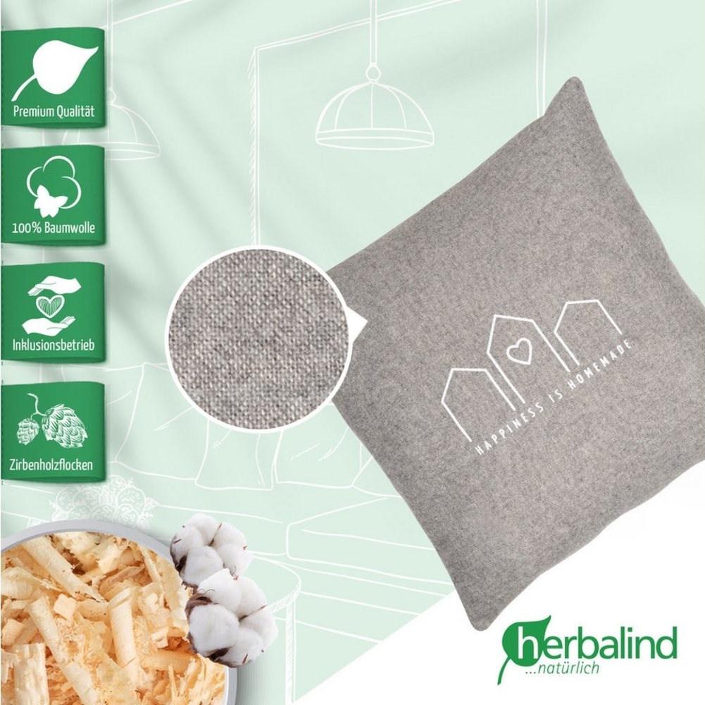 herbalind Zirbenkissen Happiness is Homemade - Flanell in grau 30x30 mit Reißverschluss, 100% Baumwolle mit Zirbe Füllung - Handmade in Germany Bild 1