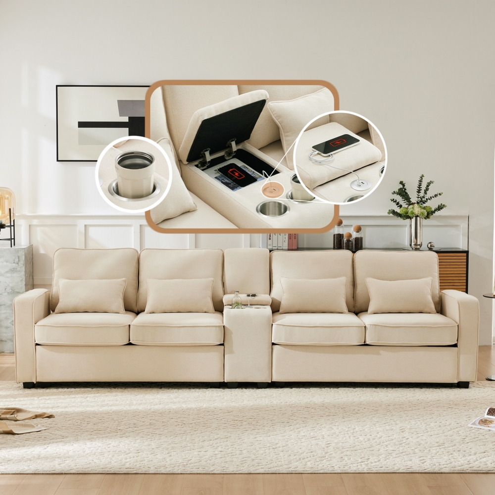 Merax Modernes 4-Sitzer-Extra großes Sofa aus Leinenstoff, Viersitzer-Sofa mit Armlehnentaschen und 4 Kissen, Sofa im einfachen Stil, geeignet für Wohnzimmer, Wohnung, Büro, Beige Bild 1