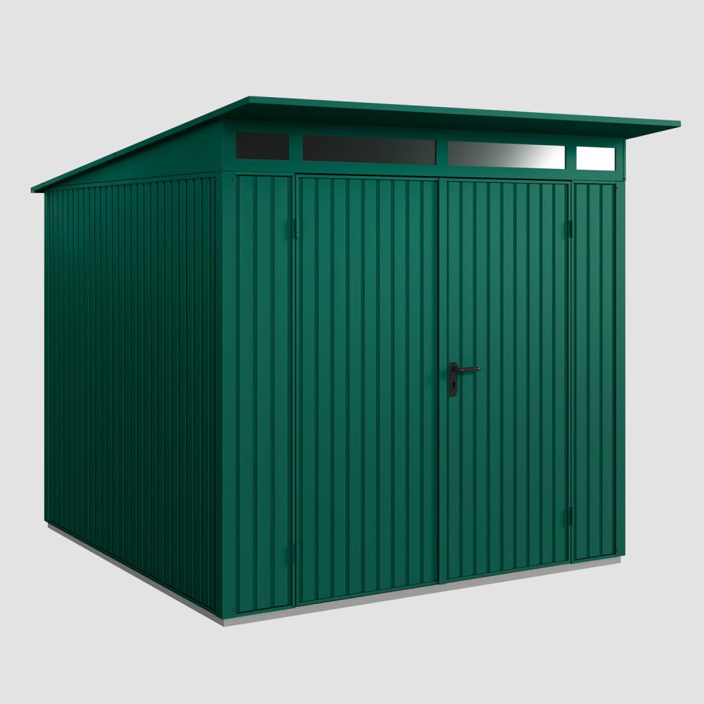 Hörmann Ecostar Metall-Gerätehaus Trend mit Pultdach Typ 2, 238 x 238 cm , moosgrün, 5,7 m²,2-flüglige Tür Bild 1