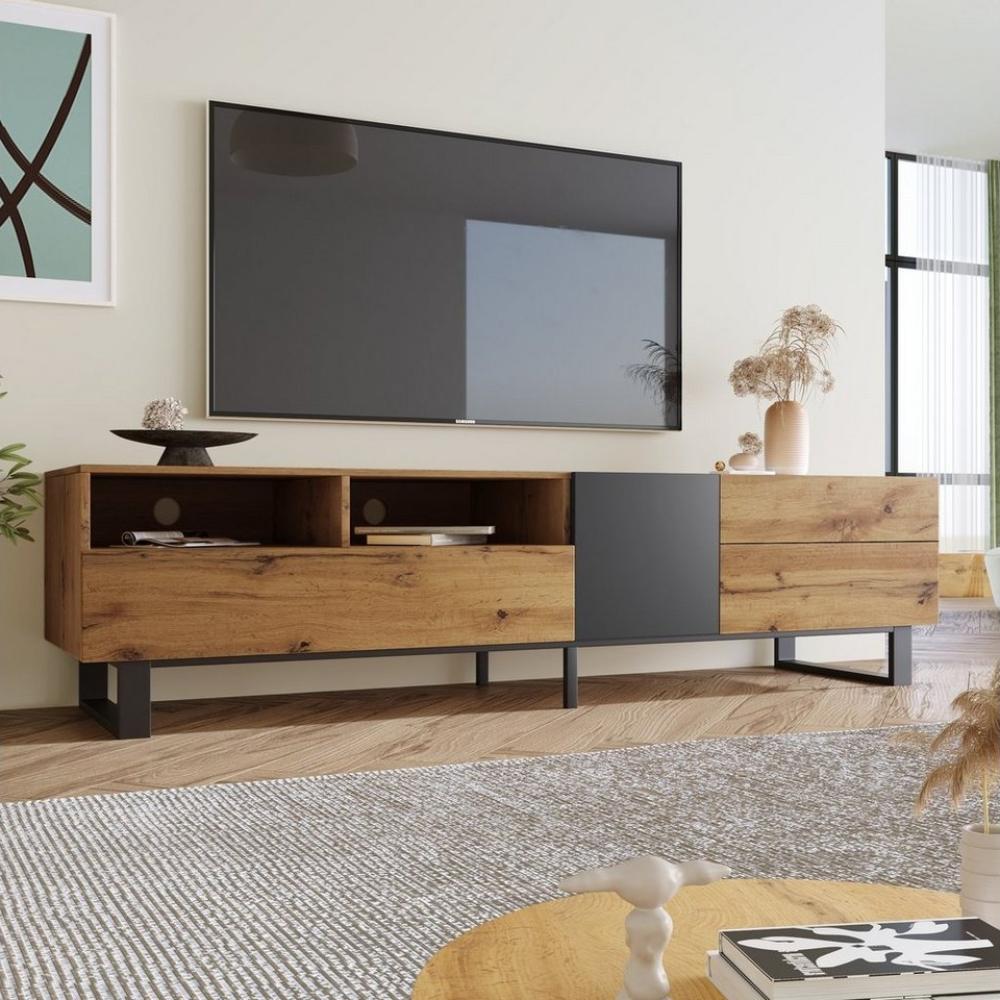 REDOM TV-Schrank TV Schrank Lowboard Fernsehschrank Entertainment Center Stand Ständer (180x50x38 cm, TV-Lowboard aus MDF mit Scharniertüren und 2 großzügigen Schubladen) Modern Design mit Holzmaserung für Wohnzimmer Bild 1