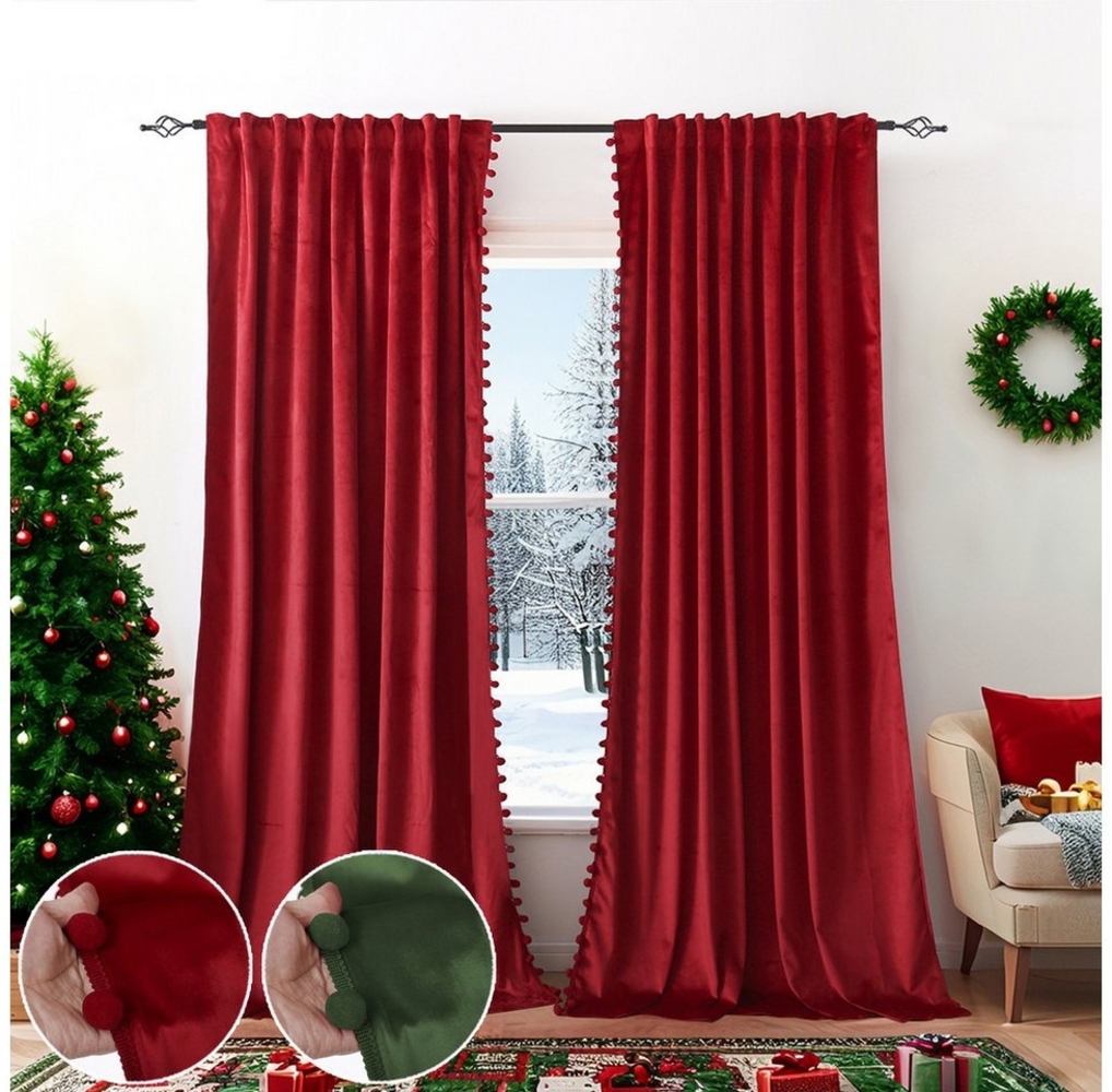 BTTO V&G Gardine Verdunkelungsvorhang,Weihnachtsvorhänge,Samtvorhänge mit Pompons (2 St), abdunkelnd, Thermogardine Gardinen Blickdicht für Schlafzimmer Wohnzimmer Bild 1