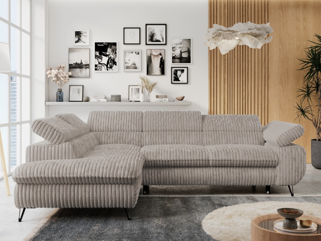 Ecksofa mit Bettfunktion, Modern Sofa, L-form, Einstellbare Kopfstützen, Bettkasten - PETER - Hellbraun Cord - links Bild 1