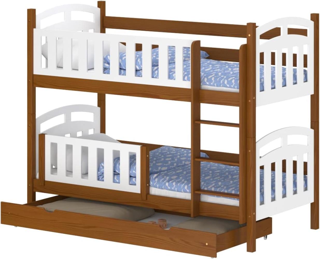 WNM Group Hochbett mit Rausfallschutz und Schublade Suzie - aus Massivholz - Hochbett Kinderbett für Mädchen und Jungen - Absturzsicherung Hochbett - Kinderhochbetten 180x90 cm - Braun Bild 1