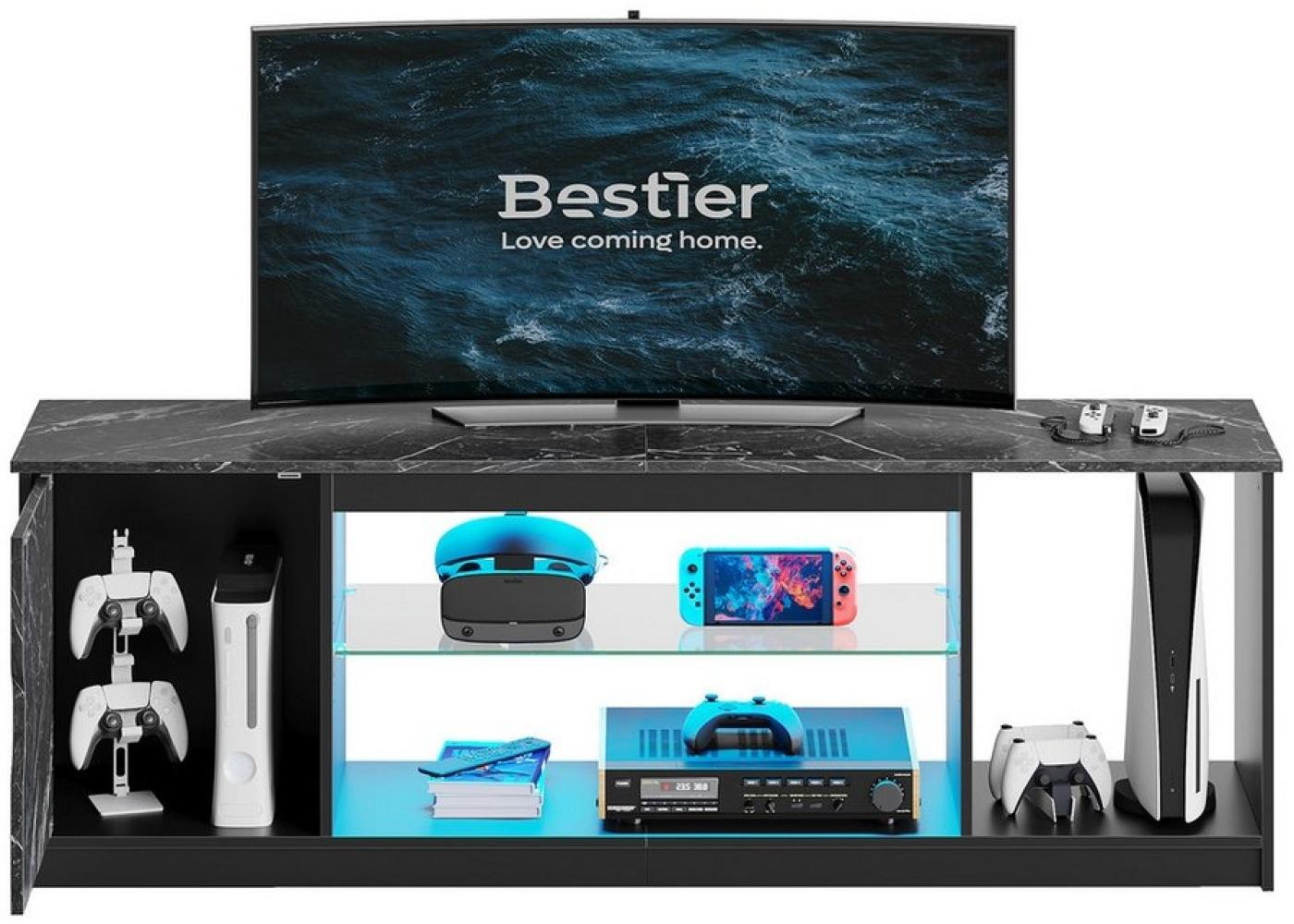 Bestier Lowboard TV-Schrank, Fernsehschrank mit RGB-LED (Breite 148cm mit 2 offenen Fächern und 1 Tür), Fernsehtisch mit verstellbaren Glasböden für Wohnzimmer, Schlafzimmer Bild 1