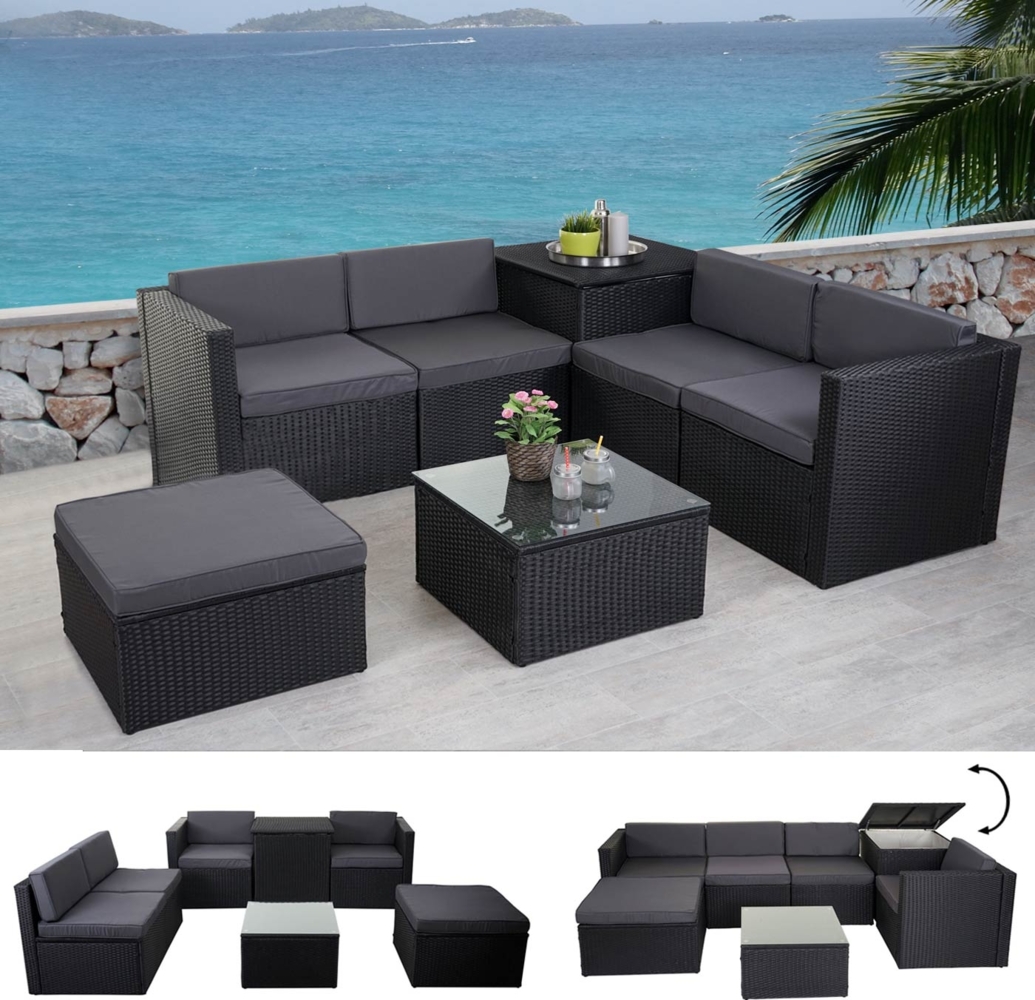 Poly-Rattan-Garnitur HWC-D21, Balkon-/Garten-/Lounge-Set Sofa Sitzgruppe, Box Staufach ~ anthrazit, Kissen dunkelgrau Bild 1