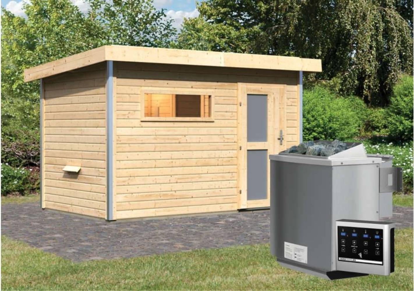 Karibu Sauna Skrollan 1 naturbelassen + 9 kW BIO-Kombiofen mit ext. Steuerung Easy Milchglastür Bild 1