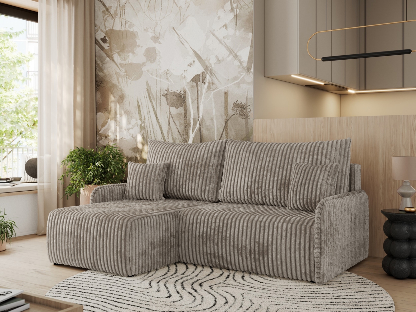 Ecksofa für das Wohnzimmer, mit losen Kissen, Schlaffunktion und Bettkästen, L-förmiges Ecksofa mit Armlehnen, Wellenfeder - ARPA - Hellbraun Cord - linke Seite Bild 1