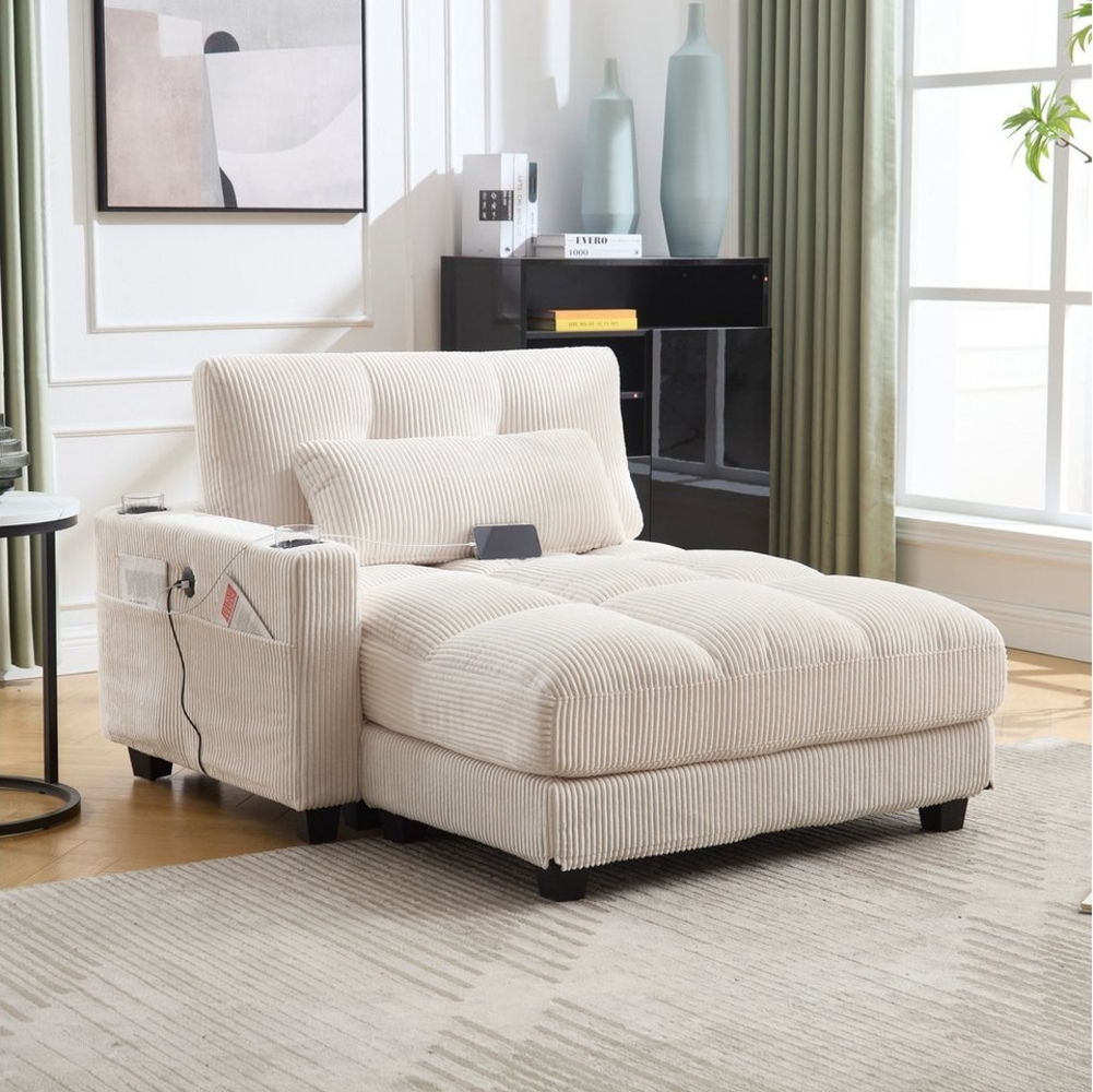 HAUSS SPOLE Schlafsofa Ecksofa Relaxsofa Polstermöbel mit Becherhaltern&USB Anschluss,Beige, klappen für den kopf,3 Getränkehalter & eine Seitentaschen,dicke Polsterung, Cordstoff 1 Teile, Sitzsack mit rollenden polstern,für Schlafzimmer, Wohnzimmer, Grau Bild 1