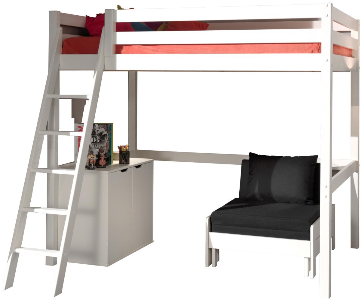 Hochbett Harper 2 Vipack inkl. Rolllattenrost + Kommode + Sessel Kiefer massiv EN geprüft + FSC Weiß Bild 1