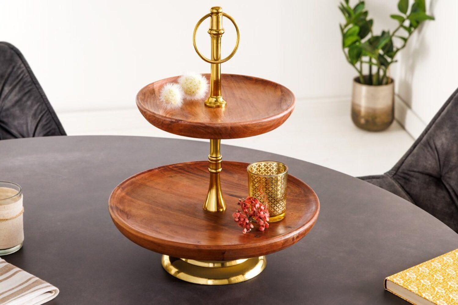 riess-ambiente Dekoetagere PURE NATURE 35cm natur / gold (Einzelartikel, 1 St), Wohnzimmer · Massivholz · Metall · 2-stöckig · Obst-Platte · Deko Bild 1