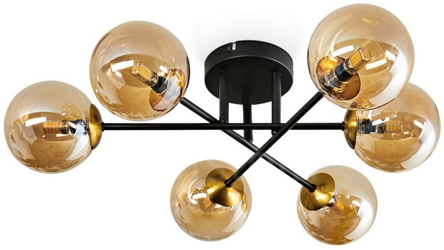 hofstein Deckenleuchte Deckenlampe aus Metall/Glas in Schwarz/Goldfarben/Bernsteinfarben, ohne Leuchtmittel, Leuchte mit Schirmen aus Glas (12cm), 6 x G9, ohne Leuchtmittel Bild 1