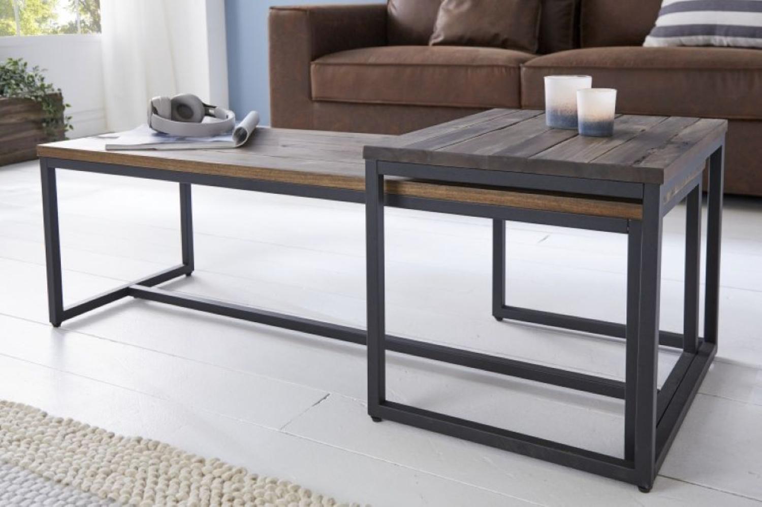 Industrie-Design Couchtisch-Set ALINA ca. 110cm Akazie living-brown Metallbeine Bild 1