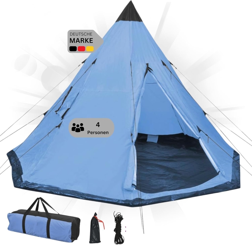 DELUKE® Campingzelt 4 Personen TIPI blau regenfest, atmungsaktiv Tipi Pyramidenzelt Familienzelt für 4 Personen Gruppenzelt Zelt Camping Zelt Outdoor Zelten Bild 1