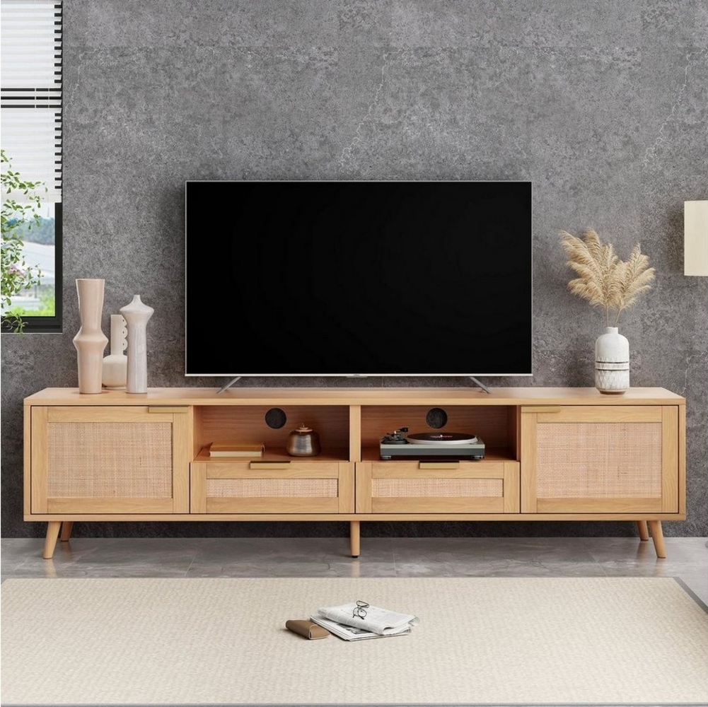 Celya TV-Schrank TV-Konsolentisch mit echtem Rattandesign, massiven Holzfüßen Geflochtener Rattan-TV-Boards, 2-Türen und 2-Schubladen, Verstellbare Tischbeine Bild 1