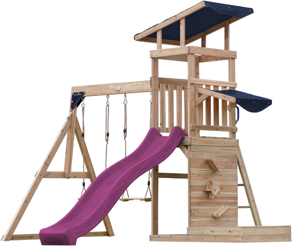 AXI Malik Spielturm aus Holz mit 2 Schaukeln XXL Spielhaus / Spielplatz für Kinder mit Sandkasten, Spielwand & Rutsche in Lila | Braun, Violett | Holz | 336 cm Bild 1