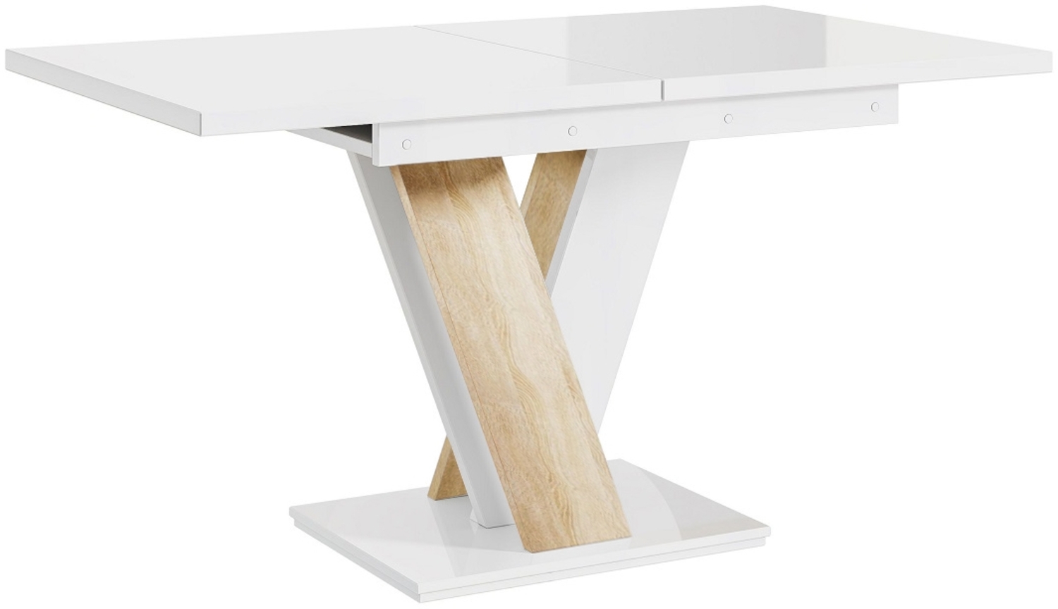 MEBLINI Esstisch Ausziehbar - 120-160x80x75cm - MASIV - Weiß Hochglanz/Sonoma Eiche - Esszimmertisch Modern - Küchentisch - Säulentisch - Ausziehtisch - Dining Table Bild 1