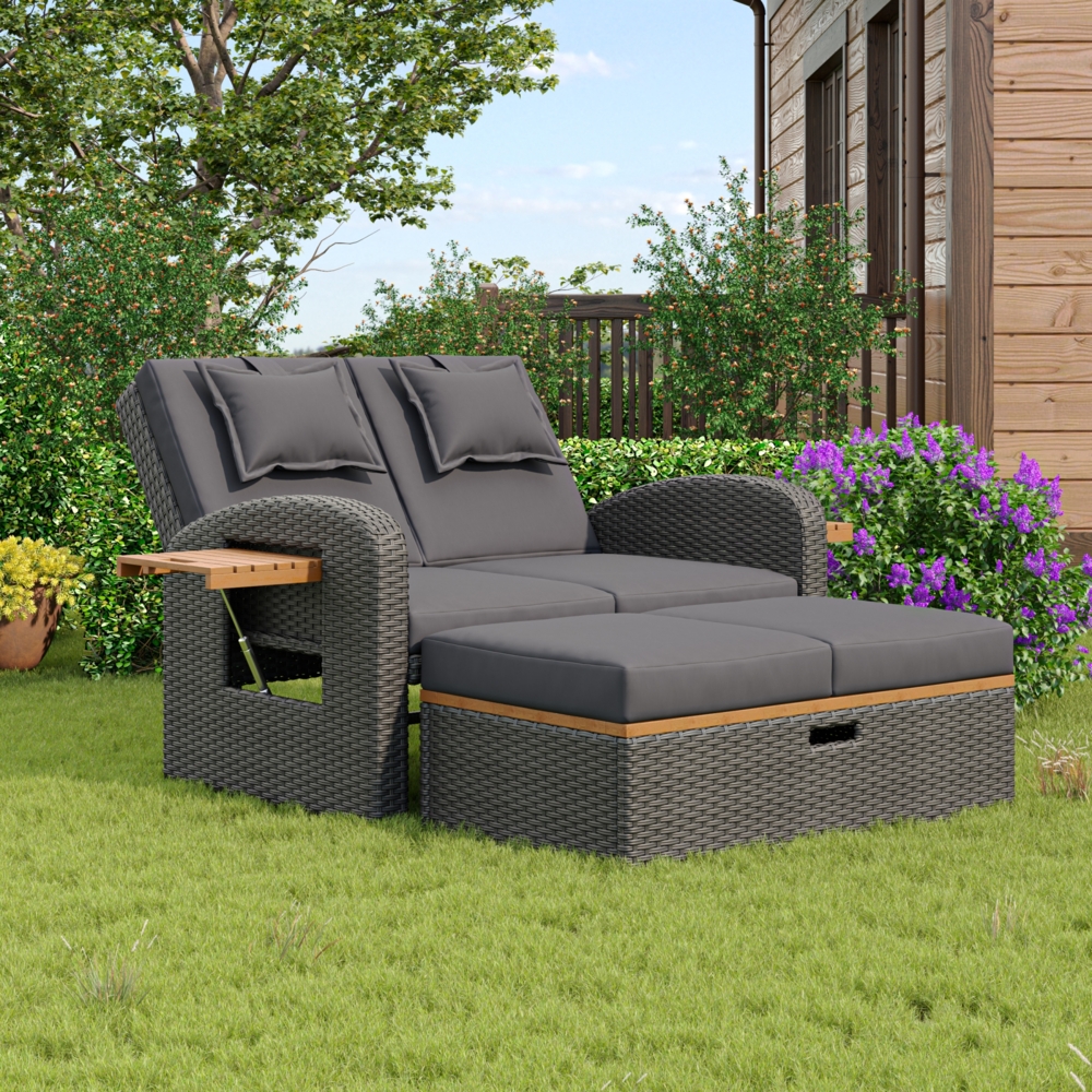 Merax Garten-Lounge-Sessel-Set für 2 Personen, graues Rattan, verstellbare Rückenlehne, Beistelltisch aus Akazienholz, als Outdoor-Bett nutzbar Bild 1