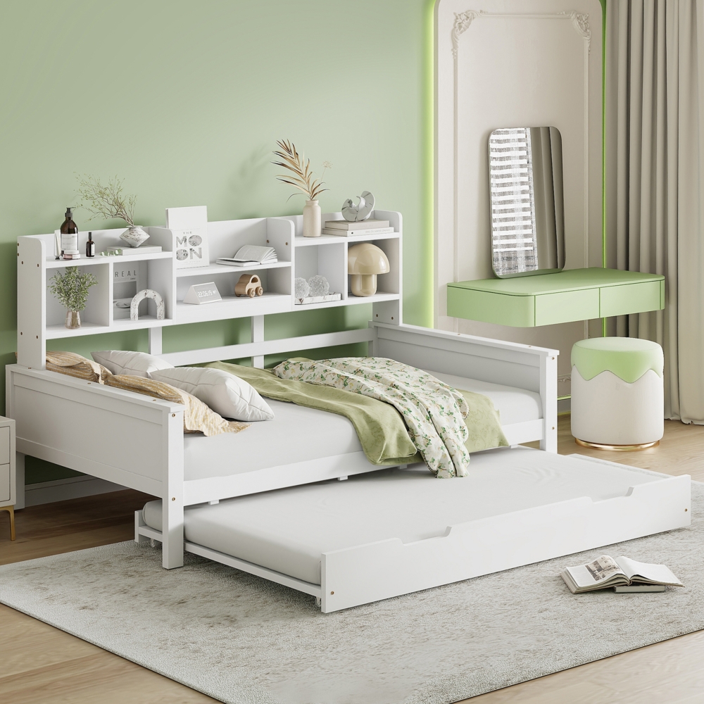 Merax Daybett Ausziehbares Schlafsofa 90*200CM Massivholz, Ausziehbett 90*190CM, mit Staufach und Lattenrost, Kiefer Multifunktionsbett, Einzelbett, Weiß Bild 1