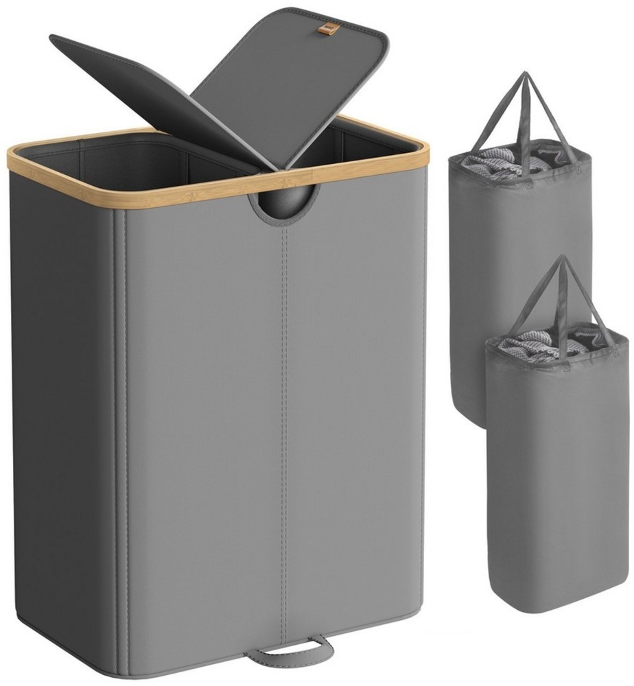 SONGMICS Wäschekorb 2 Fächer, Wäschesammler, 150 Liter, Wäschesortierer mit Deckel, Wäschetonne, Wäschesäcke herausnehmbar, für Waschküche, Schlafzimmer, Wohnzimmer, schiefergrau-naturbeige Bild 1