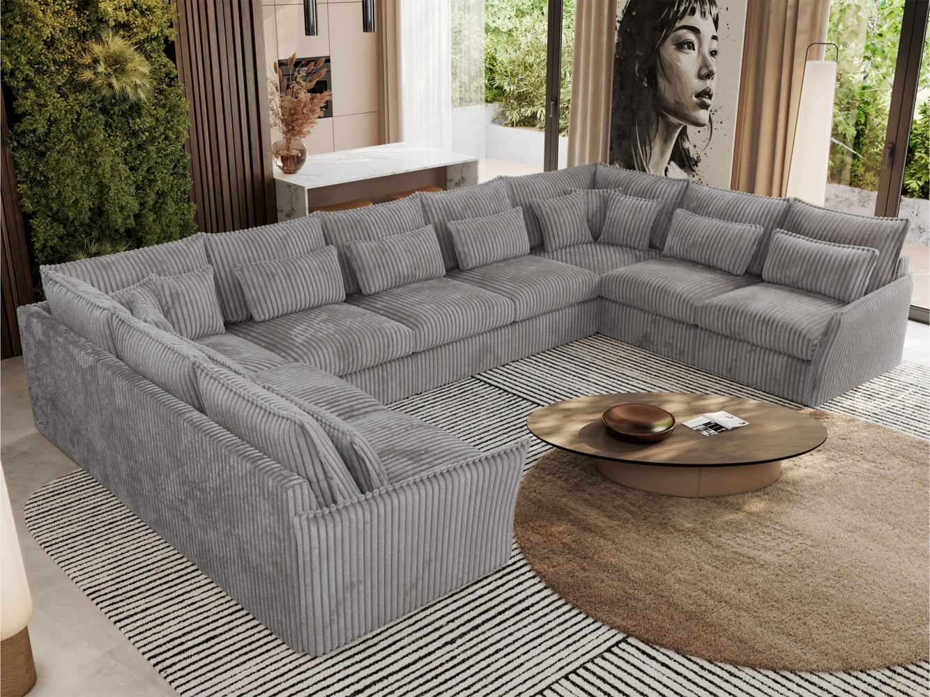 XXL U-förmige Ecksofa, modulares Ecksofa mit losen Kissen, Wohnlandschaft, universelles Ecksofa für das Wohnzimmer - VERSO U 9M - Hellgrau Cord Bild 1