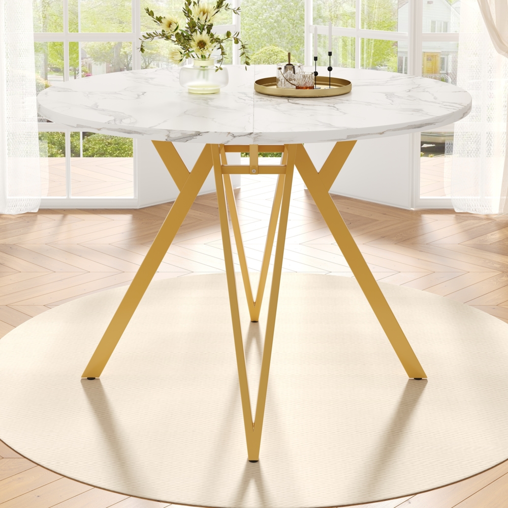 Esstisch, Runder Küchentisch für 4 Personen stilvolle Metallbeine MDF-Marmorplatte, MDF+Metall, Gold, 100x100x76cm Bild 1