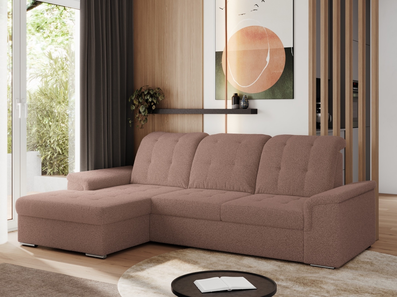 L-förmige Ecksofa mit gesteppter Sitzfläche und Rückenlehne, verstellbare Rückenkissen, Schlaffunktion und Bettkasten - MADRITO - Rosa Boucle - linke Seite Bild 1