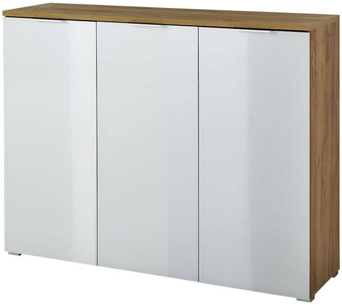 Schuhschrank LYON-01 Navarra Eiche mit weißer Glasfront, B x H x T ca. 134 x 105 x 40 cm Bild 1