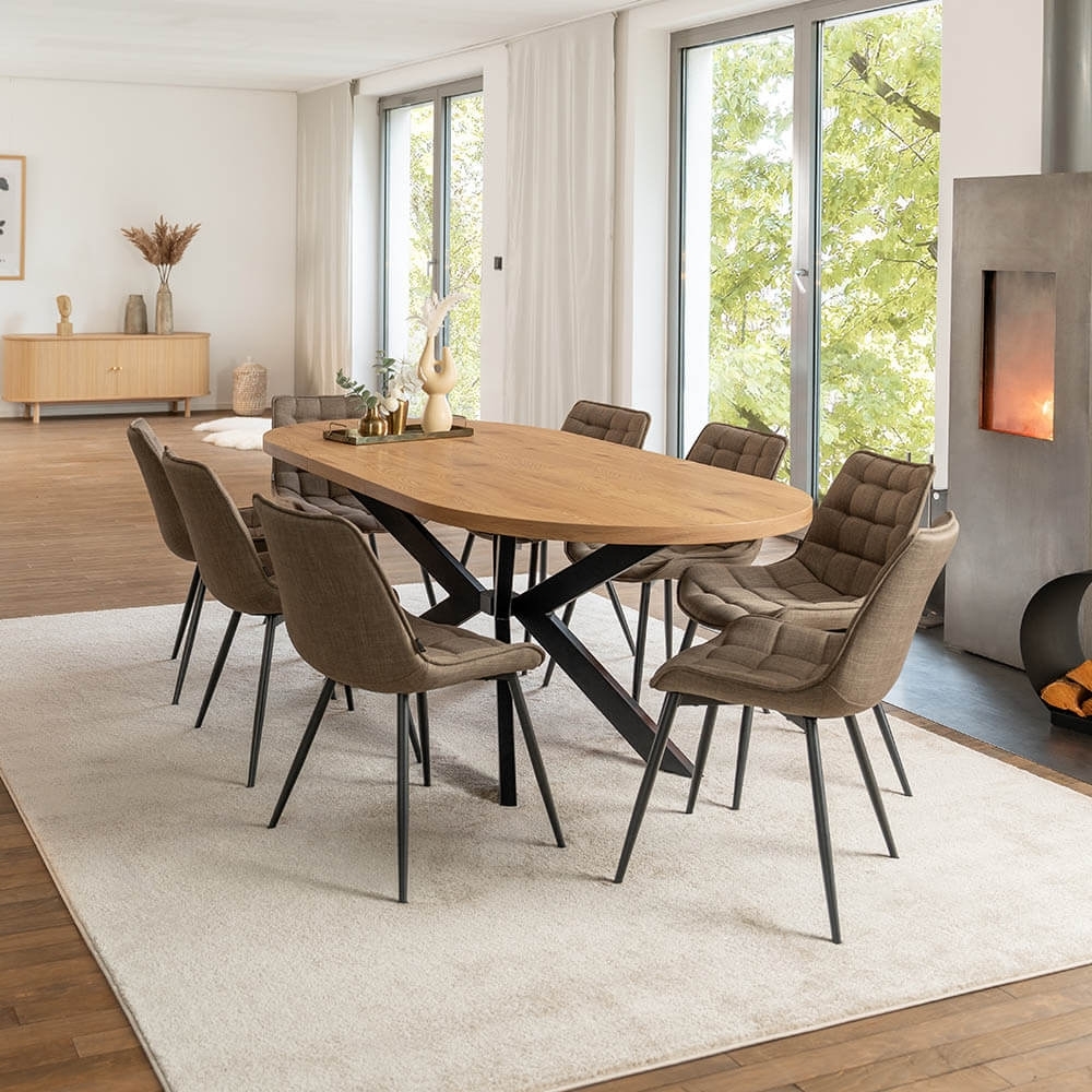 HOME DELUXE Essgruppe Oval Ausziehbar inkl. Sternfuß - 160 x 100 cm Light Oak 8 Stühle Grau / Braun Bild 1