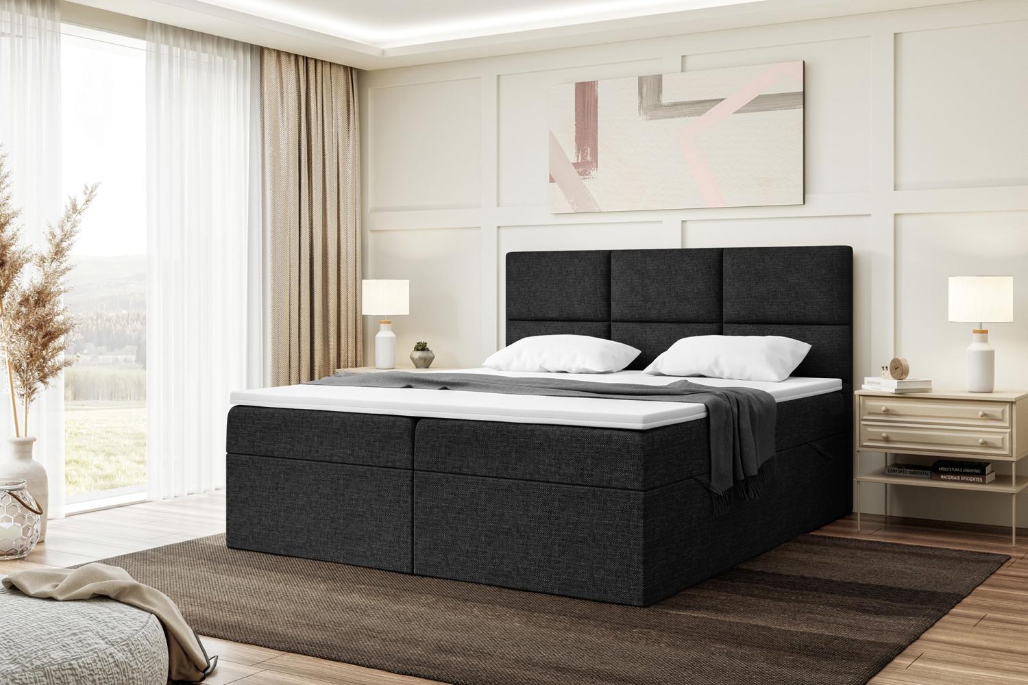 MEBLINI Boxspringbett KYLIAN 140x200 cm mit Bettkasten - H4/Schwarz Webstoff Polsterbett - Doppelbett mit Topper & Taschenfederkern-Matratze Bild 1