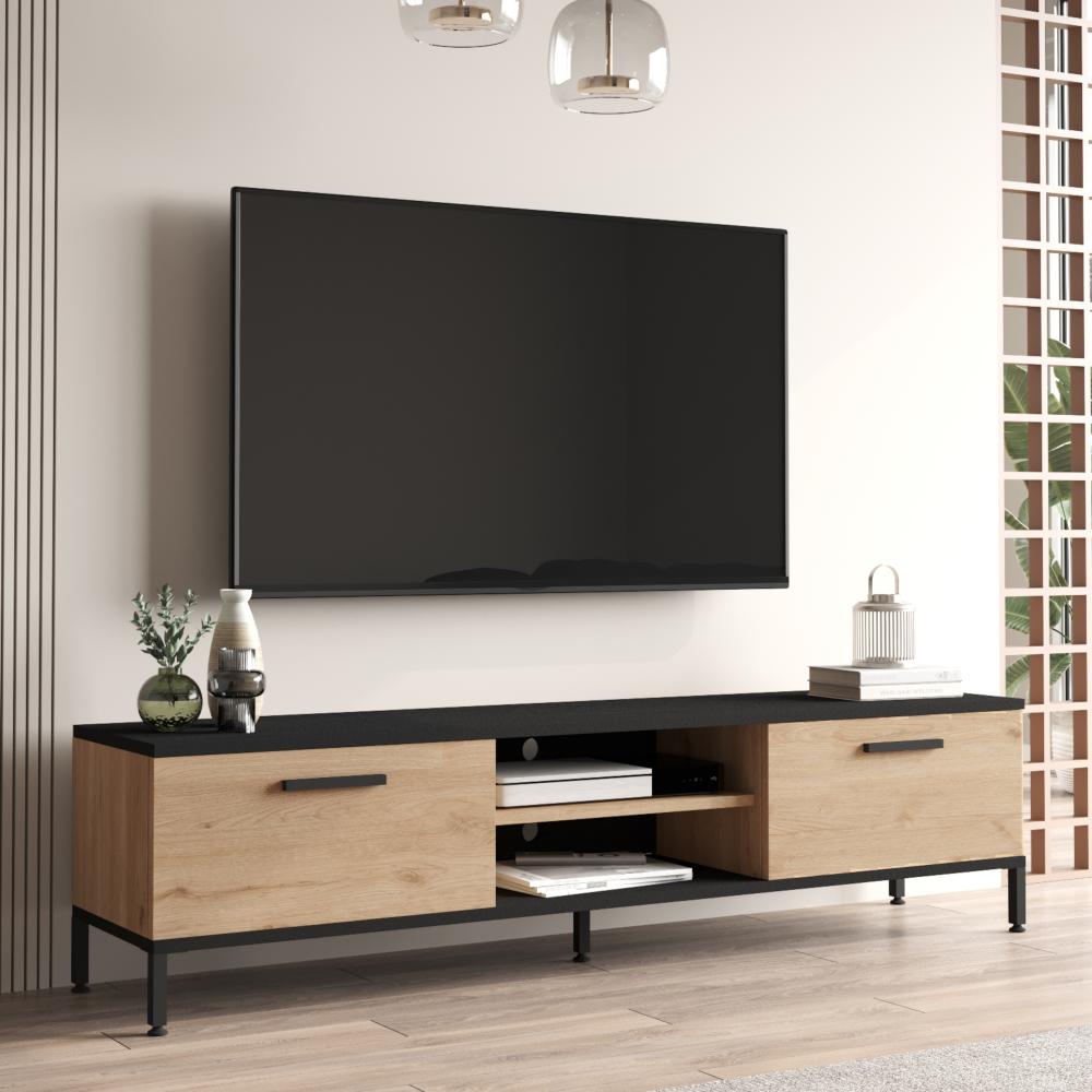 Fernsehtisch Lempäälä mit 2 Ablagefächern 160 x 35 x 39 cm Eiche/Schwarz [en. casa] Bild 1