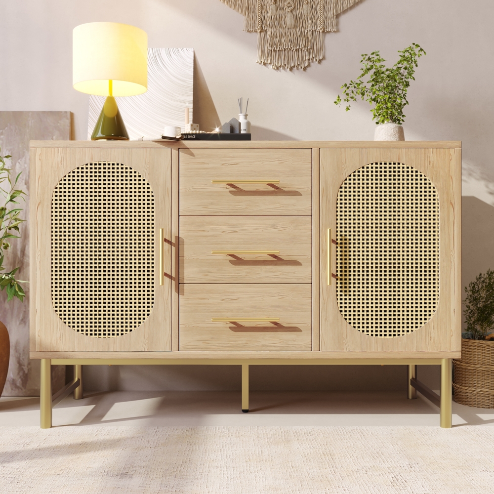 Merax Rattan kommode Sideboard mit 3-Schubladen und 2-Rattan-Türer,komodenschrank, Schminktisch, für Schlafzimmer und Wohnzimmer, Verstellbare Regale, Kippschutz, 120 x 40 x 74 cm, Sonoma Eiche Bild 1