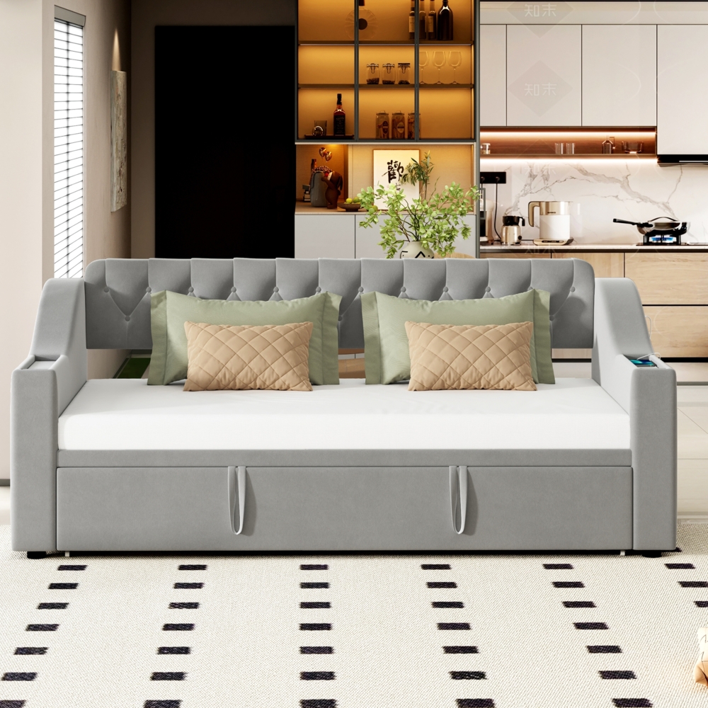 Ausziehbett 90/180×190 cm aus Samt mit Stauraum und USB- und Type-C-Anschlüssen, mit Lattenrost Bild 1