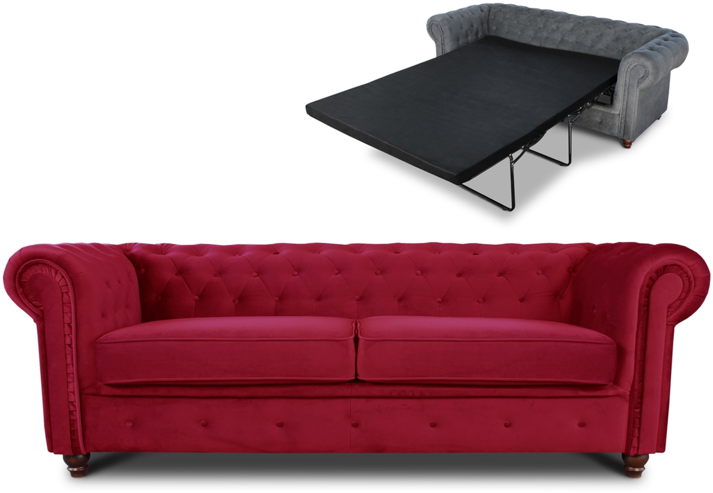 Schlafsofa Chesterfield Asti Bis 3-Sitzer, Sofa mit Schlaffunktion, Couch 3-er, Couchgarnitur, Sofagarnitur, Holzfüße - Glamour Design, Velours (Rot (Velvet 59)) Bild 1