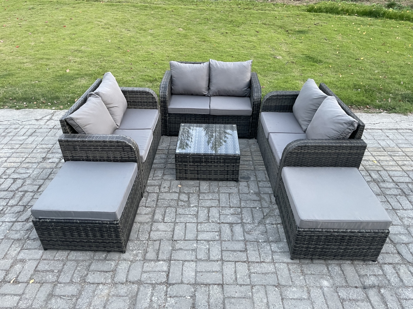 Fimous 8-Sitzer Hoher Rücken Polyrattan Gartenmöbel Set mit Quadratischer Couchtisch 2 hohen Hockern Love Sofa Garten Lounge Set Dunkelgrau Gemischt Bild 1