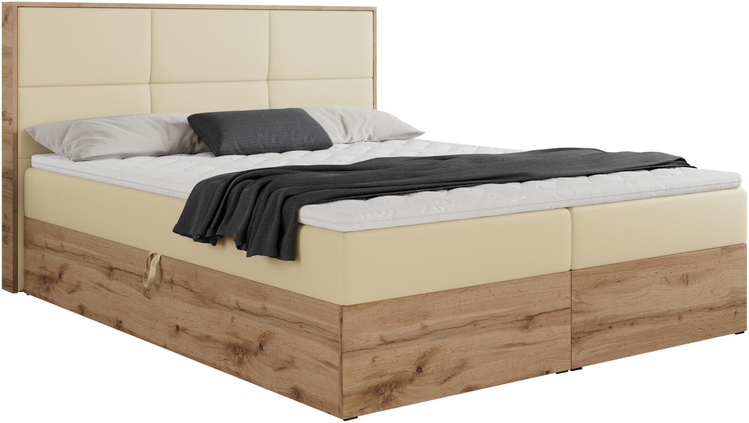 Boxspringbett mit Kopfteil und Topper, Polsterbett - ALBERO 2 - 200 x 200 cm - Creme Kunstleder - H4 Bild 1