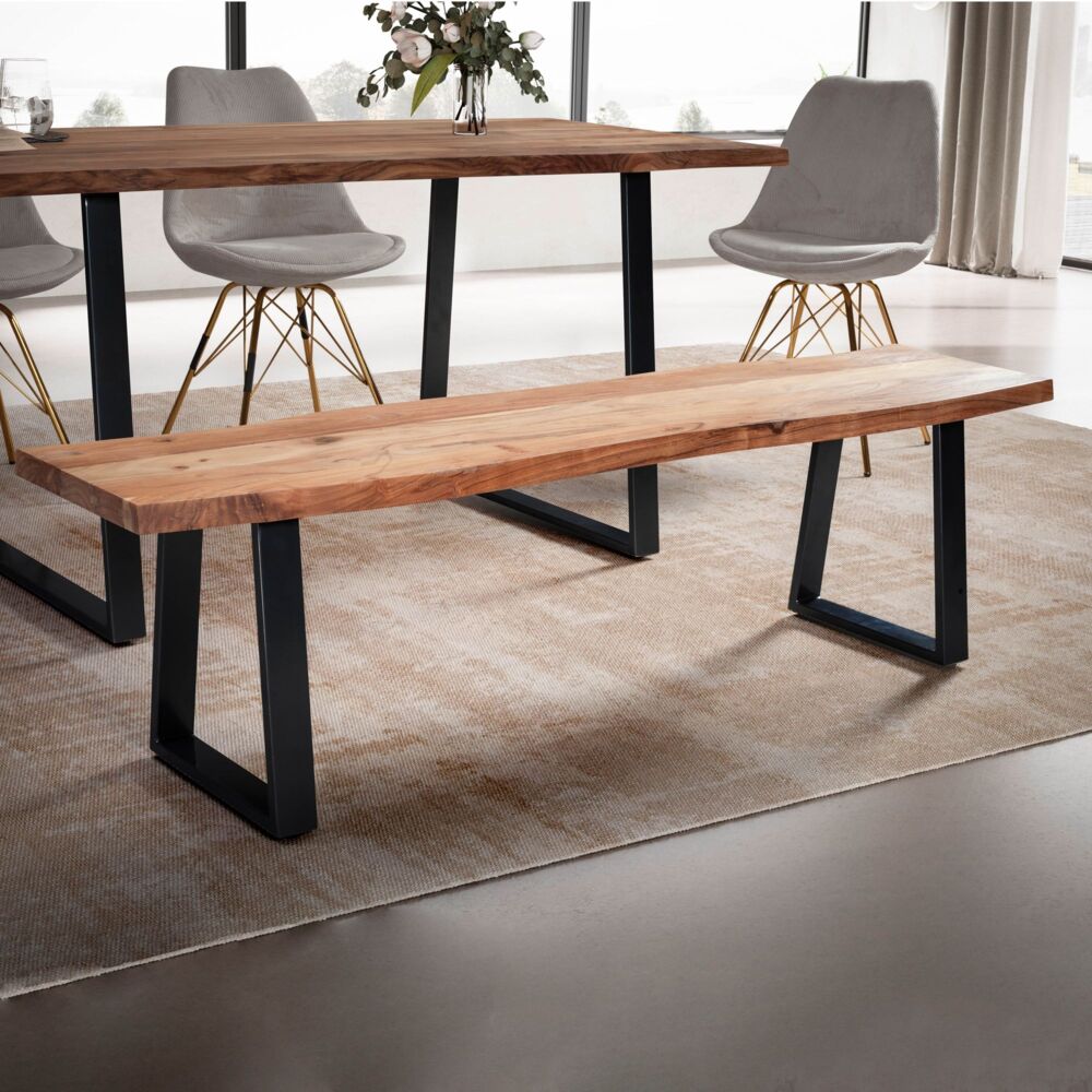 FineBuy Esszimmerbank Akazie Massivholz / Metall mit Baumkante, Esstischbank Holzbank Massiv ohne Lehne, Küchenbank Essbank Modern, Sitzbank Esszimmer Braun Bild 1