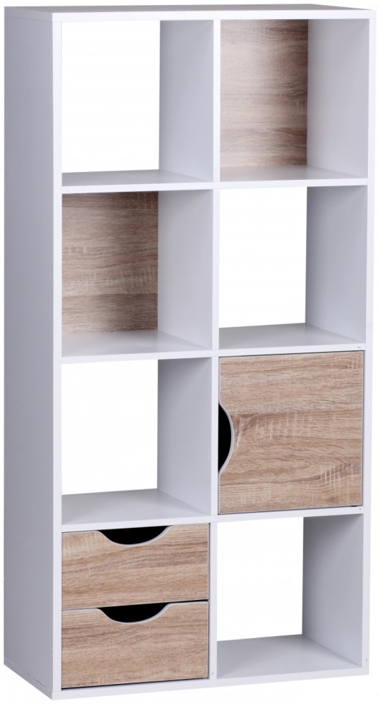 Design Bücherregal Modern Holz Weiß mit Türen und Schubladen, Sonoma Eiche Bild 1