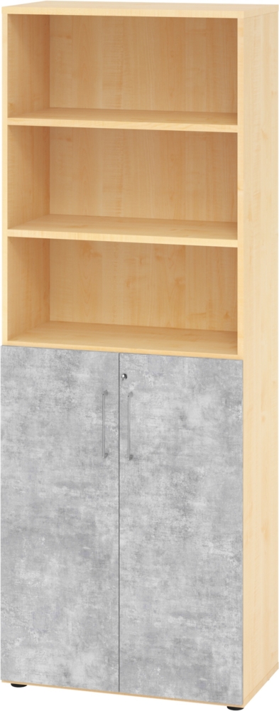 bümö Aktenregal & Schrank abschließbar, Büroschrank Regal Kombination Holz 80cm breit in Ahorn/Beton - abschließbarer Schrank für's Büro & Arbeitszimmer, Büro Möbel Ordnerschrank, 968T3-3-M-BS Bild 1