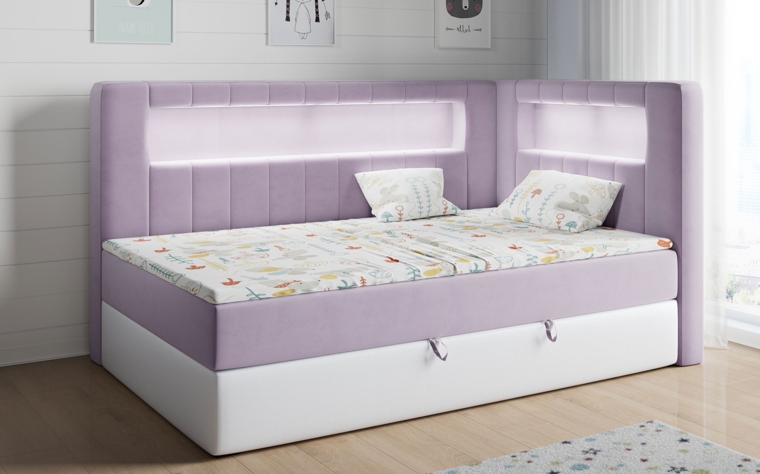 Boxspringbett mit LED, Einzelbett mit Bettkasten und Topper - JUNIOR GOLD 3 - 90x200 cm - Violet und Weiß - Rechte Seite Bild 1