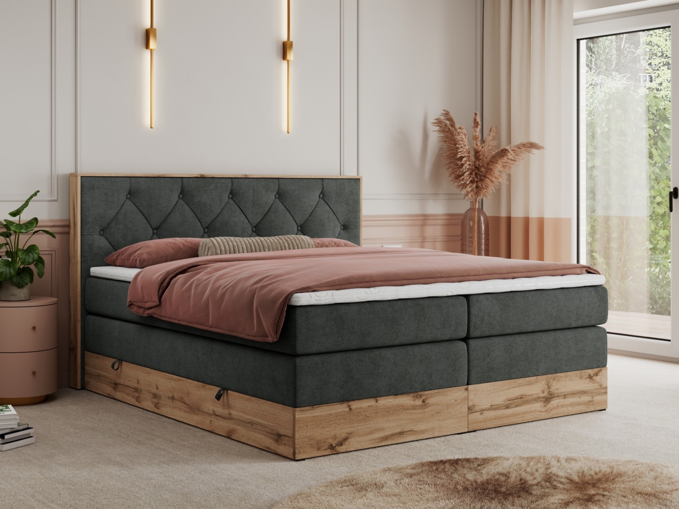 Boxspringbett VENETO KING, Doppelbett mit Multipocket-Matratze, Polsterbett mit Kopfstütze - 140 x 200 cm - Dunkelgrau Stoff - H3 Bild 1