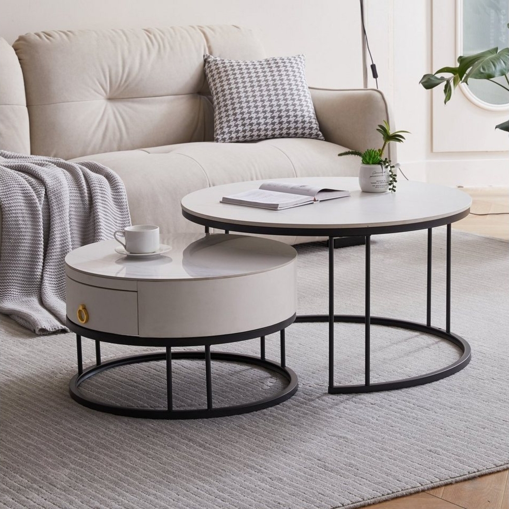 OKWISH Couchtisch Satztisch Rund Beistelltisch Kaffeetisch Wohnzimmertisch Sofatisch (Schiefer-Tischplatte, mit Schublade, Keine Lötstellenstruktur, 2-St, 2-in-1 Set Tisch) Bild 1