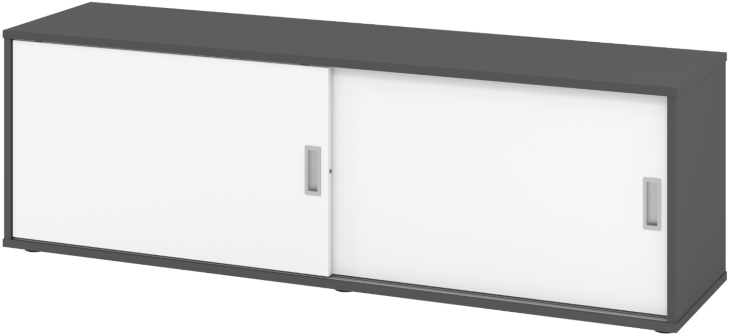 bümö Lowboard Schiebetürenschrank in Graphit/Weiß - Büromöbel Sideboard aus Holz, 160 cm breit, Büroschrank nur 40 cm schmal, Büro Schrank mit Schiebetüren für Ordner & Co, 1750S-G-W Bild 1
